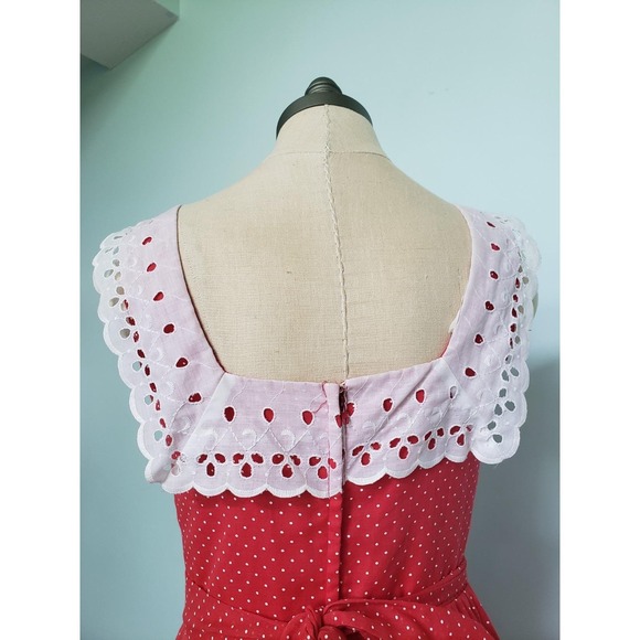 VTG 70s Jay's Maxi Dress Red Polka Dot Eyelet Lace Prairie Cottagecore Waist Tie - Picture 6 of 10